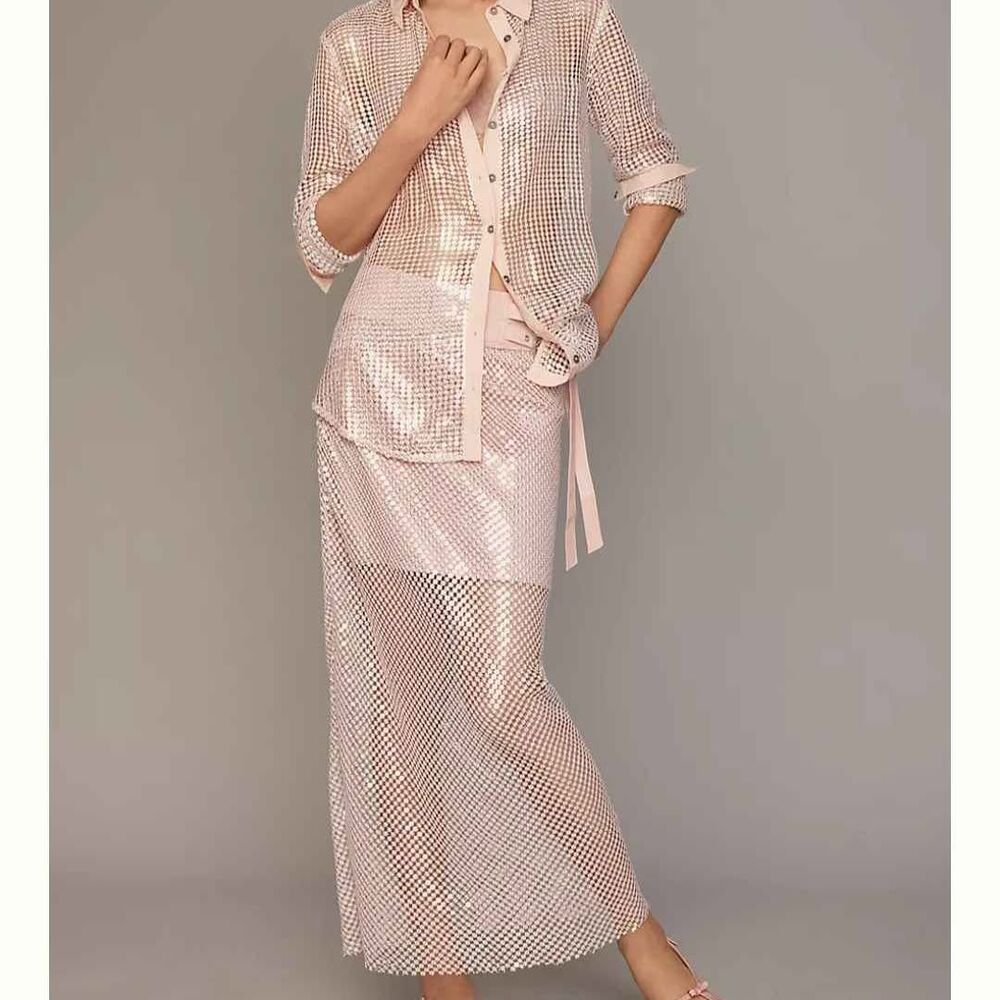 New Anthropologie Pilcro Chainmail Pale Pink Column Mesh Skirt - Picture 2 of 8